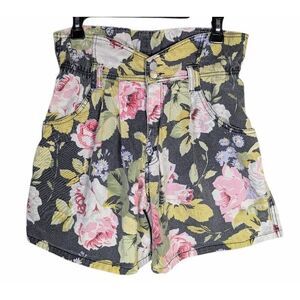 Vintage 90s Bongo black floral cotton denim paper bag high waist mom shorts M